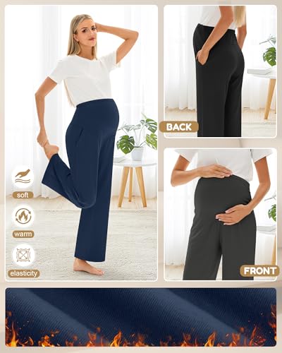 Oakgarden 3 Pack Women's Fleece Maternity Pants - color: Haze Blue, Charcoal Gray, Black, size: X-Large
