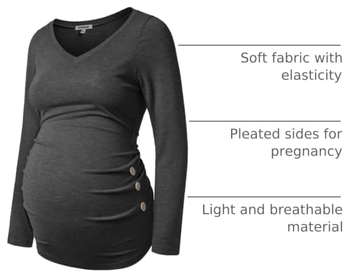 GINKANA Maternity Shirt Long Sleeve Basic Top Ruch Sides Buttons Tshirt for Pregnant - color: Dark Grey, size: Small