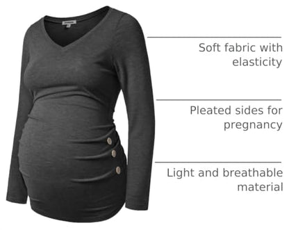 GINKANA Maternity Shirt Long Sleeve Basic Top Ruch Sides Buttons Tshirt for Pregnant - color: Dark Grey, size: Small
