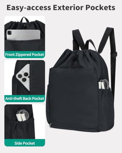 Drawstring Backpack with Shoe & Wet Compartments, Cup & Ball Holders, Black - color: Black