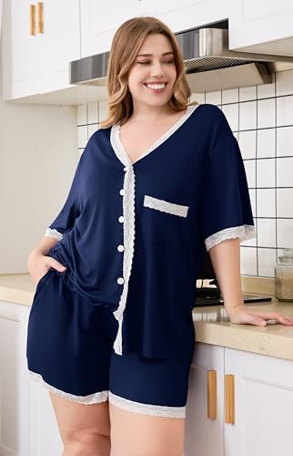 Plus Size Women Pajama Sets Button Down Lace Trim 2pcs Nightwear - color: Navy, size: X-Large