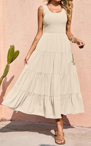 PRETTYGARDEN Women's Smocked Tank Casual Plain Maxi Sundress with Pockets - color: Apricot, size: Medium
