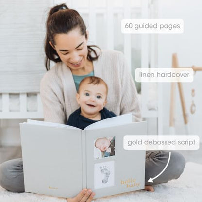 Pearhead Gray Linen Hello Baby Memory Book, Includes Clean-Touch Ink Pad - color: Gray Linen Baby Book