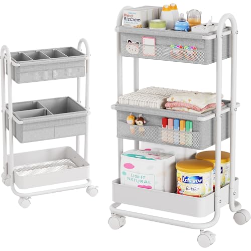 Modanais Baby Diaper Caddy Organizer Cart - 3 Tier Rolling Cart, Light Gray - color: Light Gray