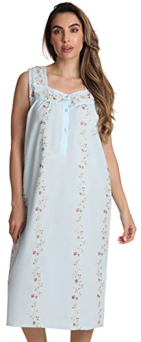 Dreamcrest Women's Sleeveless Nightgown, Floral Embroidered Cotton Blend Waltz Sleep Dress with Button Front - color: Blue, size: 1X