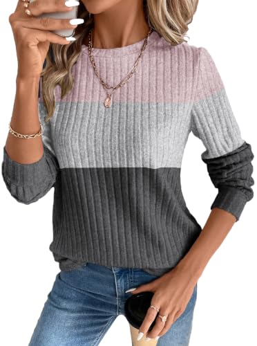 OFEEFAN Womens Sweaters Crew Neck Tunic Tops Long Sleeve Shirts Curved Hem - color: Pink Grey, size: Medium