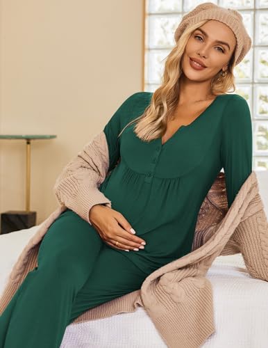 Ekouaer Maternity Nursing Pajama Set Long Sleeve Postpartum Pjs Mom Clothes - color: Green, size: Medium