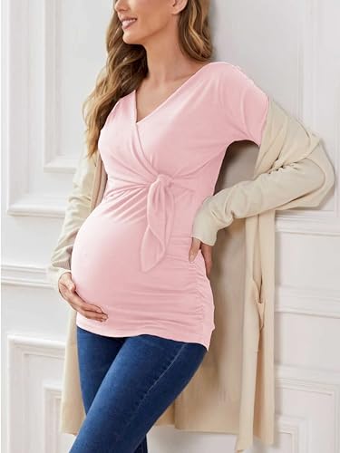 Glampunch Maternity Shirts Short & Long Sleeve Wrap Maternity Tops - color: 06-dark Pink, size: Medium