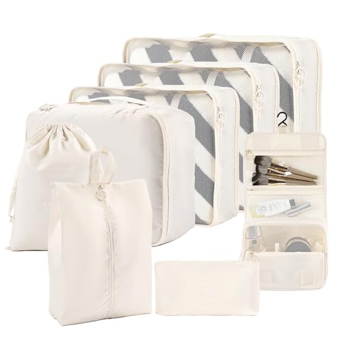 Packing Cubes for Travel, 8 Set Luggage Organizer Bags Travel Cubes for Packing Compression Luggage Cubes for Suitcase Carry on Travel Essentials with Laundry & Toiletry Bag(beige) - color: mise