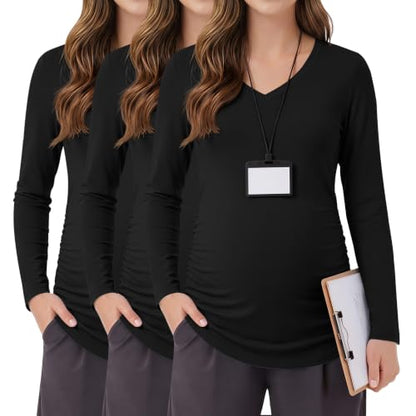 3 Pack Women Maternity Shirts Scrub Tops Side Ruched - color: Black, Black, Black, size: Large