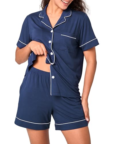 BAMBOO COOL Women's Pajama Set 2 Piece Button Down - color: C-navy, size: Large