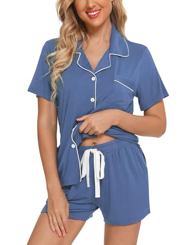 Samring Womens Pajamas Set Short Sleeve Button Down Sleepwear 2 Piece Pjs - color: Blue, size: Large