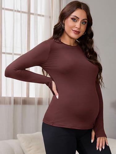 Women Maternity Stretchy Fitted Crew Neck Long Workout Tops - color: Dark Red, size: Small