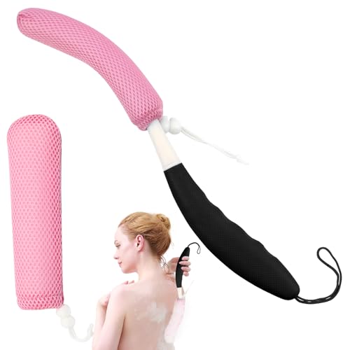 Back Scrubber for Shower,15.35"Curved Body Brush with Anti Slip Long Handle - size: Black+Pink Handle (Medium)