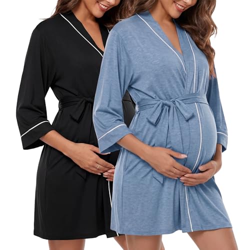 Cutecrop 2 Pack Maternity Nursing Robe Delivery Gown - color: Black, Lake Blue, size: Large