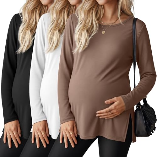 Riyiper 3 Pack Women Maternity Shirts Long Sleeve Pregnancy Tops - color: Black,coffee, White, size: X-Large