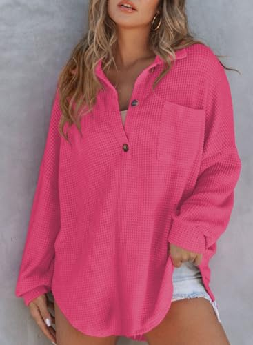 Astylish Women Waffle Knit Tops Henley Shirts - color: Rose Red, size: Medium