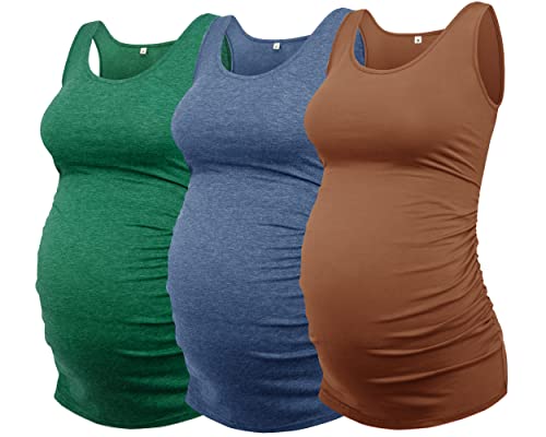 AMPOSH Womens Maternity Tank Tops 3 Pack Cotton Sleeveless Ruched Side Pregnancy Postpartum Shirts Soft Stretch Basic Top - color: 30 Hunter Green/Heather Navy/Caramel, size: X-Large