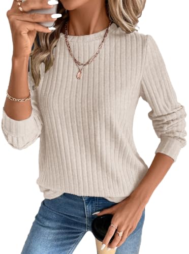 OFEEFAN Womens Sweaters Crew Neck Tunic Tops Long Sleeve Shirts Curved Hem - color: A-khaki, size: Medium