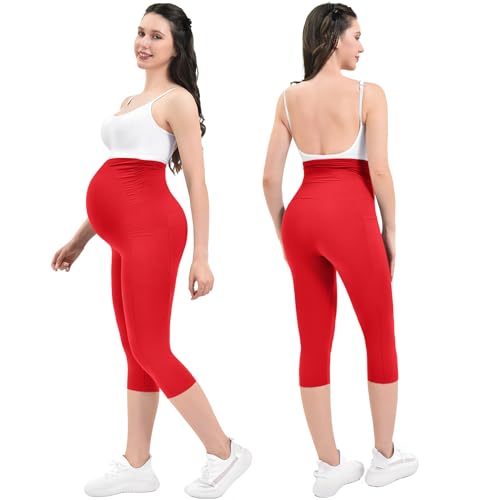 Ipletix Maternity Capris Leggings with Pockets Pregnancy Yoga Pants - color: Red, size: Large