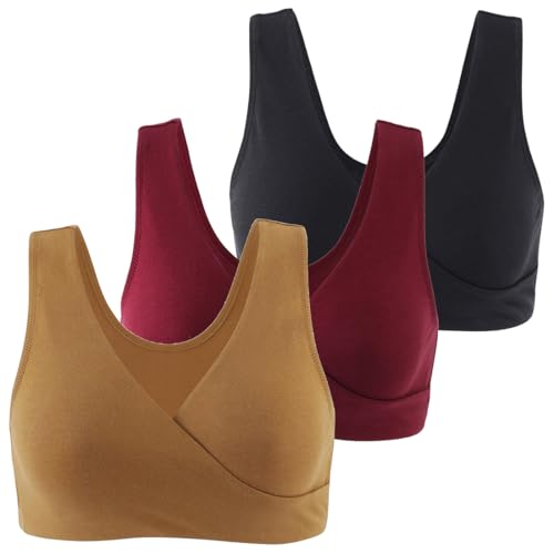 Women's Cotton Wireless Sleep Bra for Nursing and Maternity - color: Black+red+olive, size: Medium