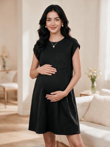 OUGES Women's Summer Casual Cap Sleeve Mini Maternity Dress with Pockets - color: Black, size: Medium