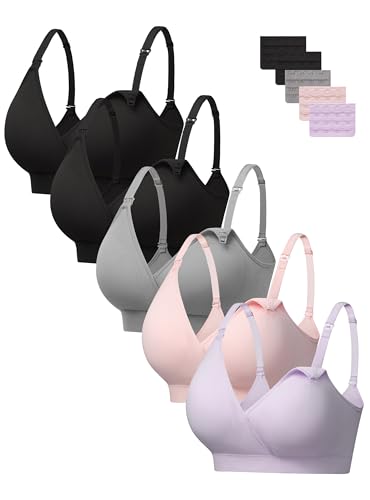 HBselect Nursing Bras for Breastfeeding, Seamless Maternity Bra Wireless - color: C: 5 Pack(black*2/Grey/Pink/Purple), size: Large