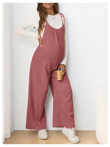 OYOANGLE Women's Maternity Overalls Spaghetti Strap Pregnancy Jumpsuits - color: Dusty Pink, size: Large