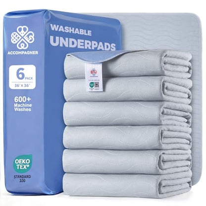 Accompagner Incontinence Bed Pads Washable Waterproof Underpads 36"x36" 6pc - color: Pearl Gray, size: 36"x36" (6 Pack)