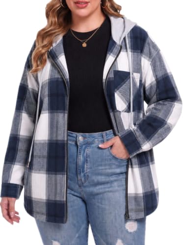 OLRIK Women's Plus Size Hooded Flannel Shacket Zip Up Jacket - color: Beige Blue, size: 3X