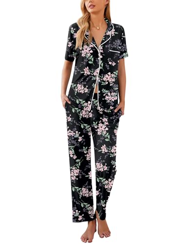 Ekouaer Womens Pajamas Set Short Sleeve Button Down Top & Pants Lounge Pjs - color: Big Black Flowers, size: Medium