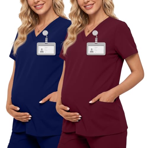 Neer 2 Pack Maternity Scrub Top for Women - color: Wine Red, Navy Blue, size: X-Large