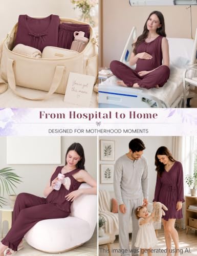 SUNNYBUY 3 PCS Ruffle Maternity Nursing Pajamas Set & Robe for Postpartum - color: Burgundy, size: Medium