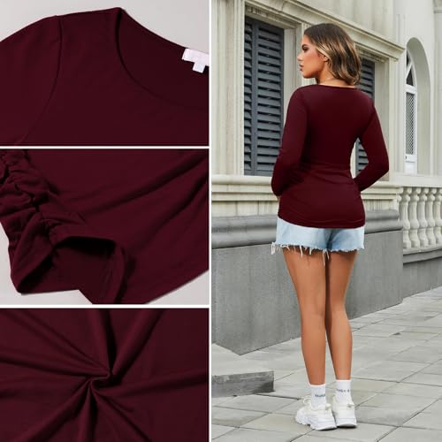 Maternity Shirt Long Sleeve Basic Top Ruch Sides Bodycon Tshirt for Pregnant Women - color: Black/Burgundy, size: Small