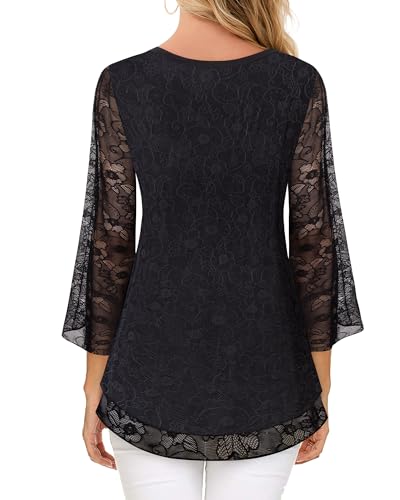 Timeson Women's 3/4 Sleeve Floral Blouses Shirts - color: Black Lace, size: Large