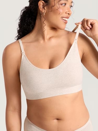 MOMANDA Ribbed Nursing Bras for Breastfeeding - color: Warm Sand Heather, size: Medium