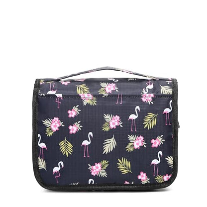 Sechunk Waterproof Travel Toiletry Bags Hanging Multi-function Cosmetic Bag Makeup Bag for Women - color: black_Flamingo