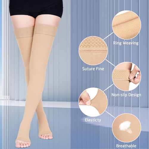 Thigh High Compression Socks for Women & Men 15-20 mmHg, Stockings - color: Beige/Open Toe, size: Large