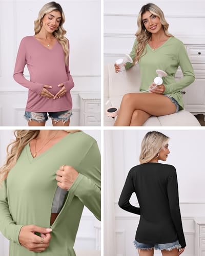 Huukeay 3 Pack Maternity Nursing Tops Breastfeeding Shirts - color: Black, Light Green, Pink, size: Medium