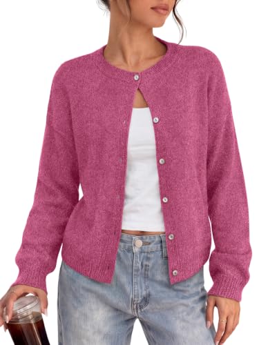 LILLUSORY Womens Crew Neck Button Down Cardigan Sweater - color: Hot Pink, size: X-Large