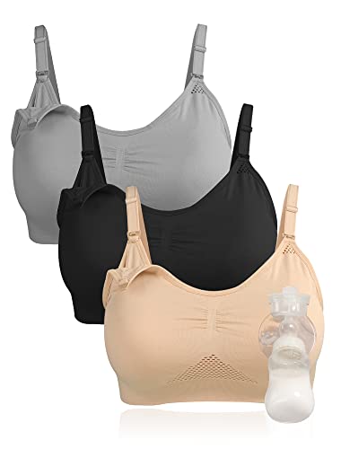 4HOW Pumping Bra Hands Free Pumping and Nursing Bra All in One - color: 3pack(black+grey+beige), size: Medium