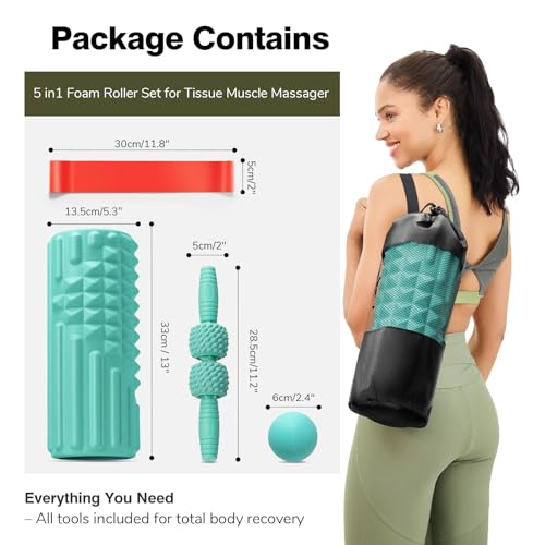 5 in 1 Foam Roller Set for Muscle Recovery & Deep Tissue Massage - color: Green