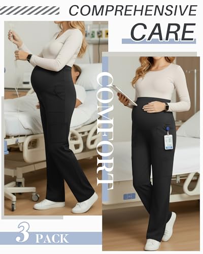 3 Pack Women's Maternity Scrub Pants with 6 Pockets - color: Black, Black, Black, size: Small