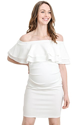 LaClef Women's Off Shoulder Maternity Dress with Double Ruffle - color: Off-white, size: Small