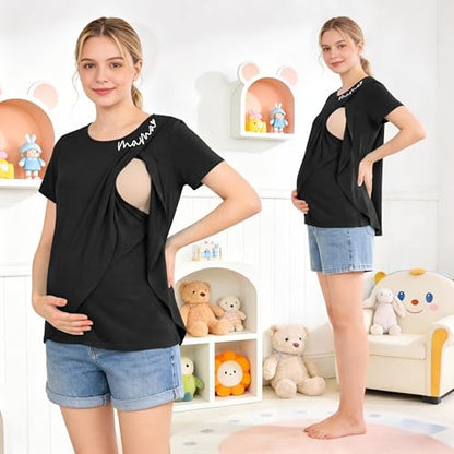 Nursing Breastfeeding Shirt for Women Friendly Double Layer Postpartum Tops - color: Black, size: X-Large