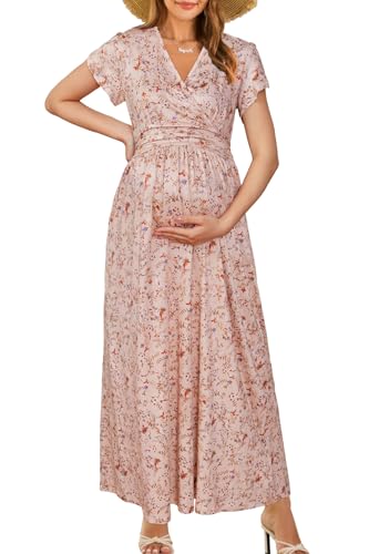 OUGES Women's Wrap V Neck Summer Maternity Photoshoot Dress with Pockets - color: Apricot Pink Floral, size: X-Large