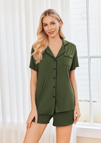 Ekouaer Womens Pajamas Set 2 Pack Button Down Summer Short Sleeve Pjs S-XXL - color: Deep Green/Army Green, size: XX-Large