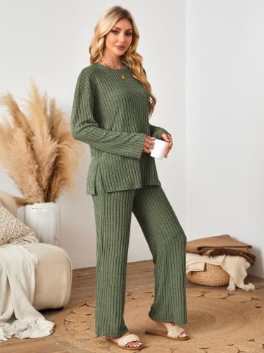 Kikibell Womens Sets 2 Piece Outfits Matching Lounge Set Cozy Knit Pajamas - color: Army Green, size: Medium
