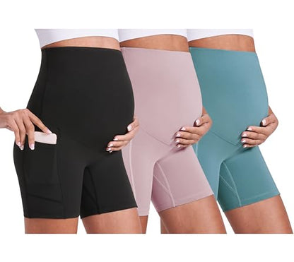 Enerful Maternity Biker Shorts with Pockets 8"/5" - color: Black+pink+light Blue 5", size: Small