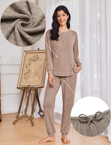 Ekouaer Womens Pajama Sets Long Sleeve Henley Neck Pj Sets Loungewear 2pcs - color: Brown, size: Small